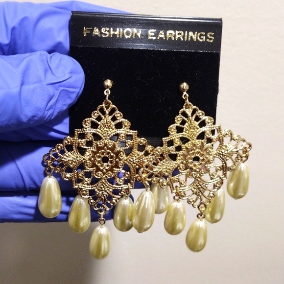 Women's Gold-tone Diamond Shape Filigree Design Beaded Drop Dangle Earrings, #5 - Picture 1 of 5